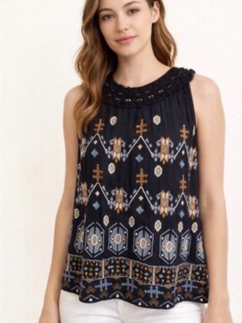 Embroidered Sleeveless Black Camisole with Boho Print